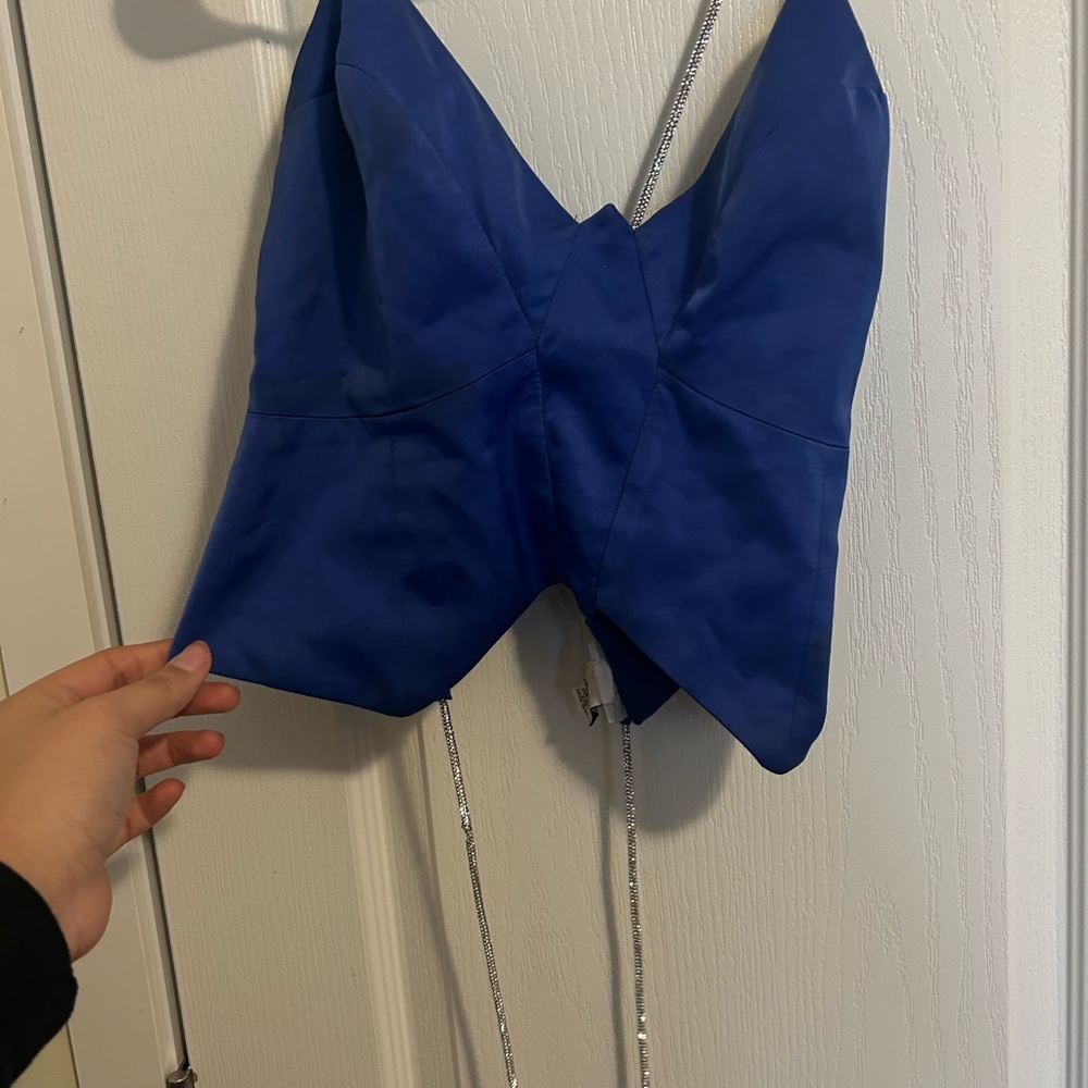 Blue Satin Crop Top with Chain Straps